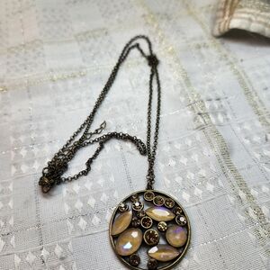 Source Unknown Bronze-Tone Pendant Necklace with Opalescent and Amber Stones
